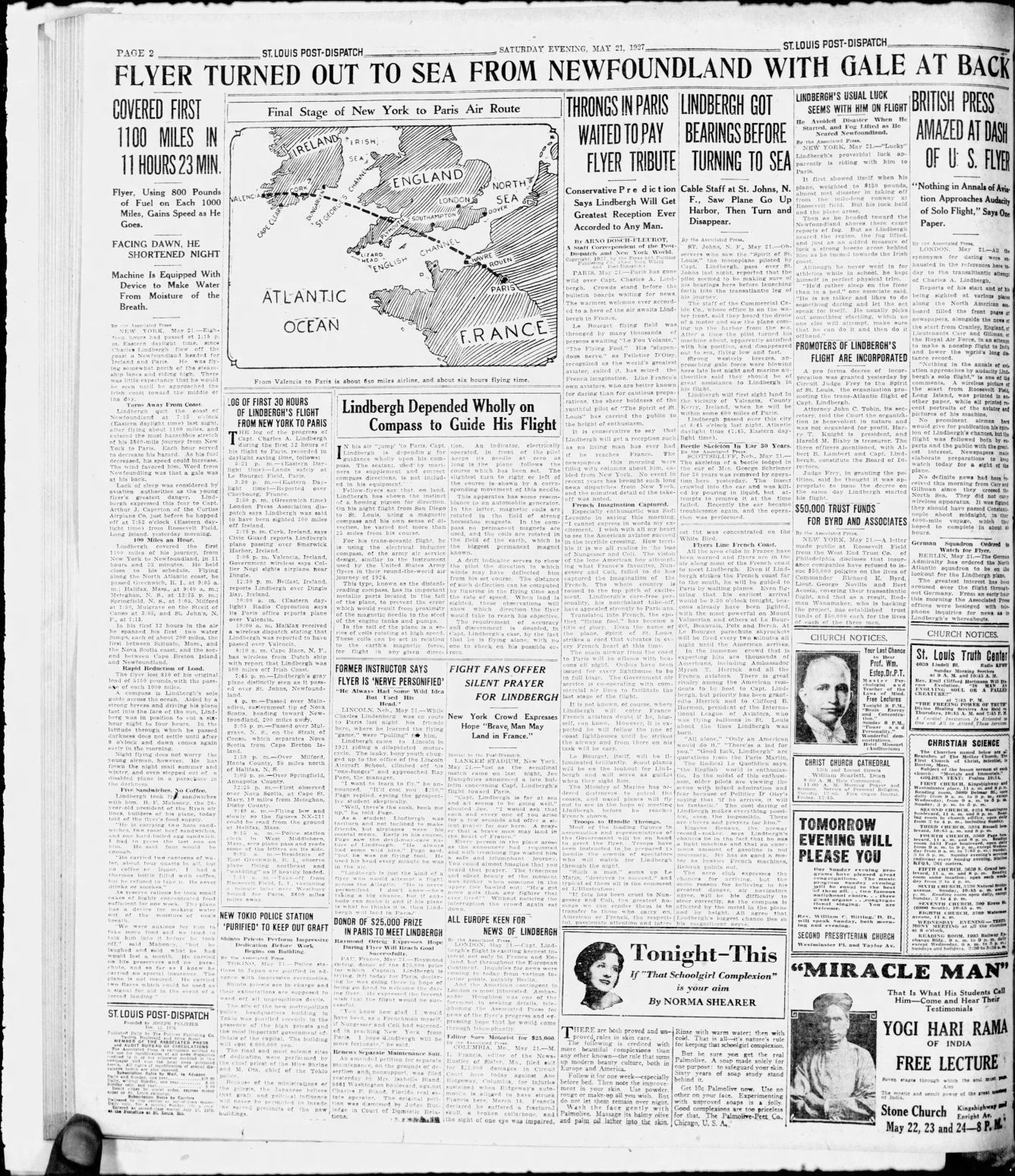 May 21, 1927 - Lindbergh Got Bearings Before Turning to Sea